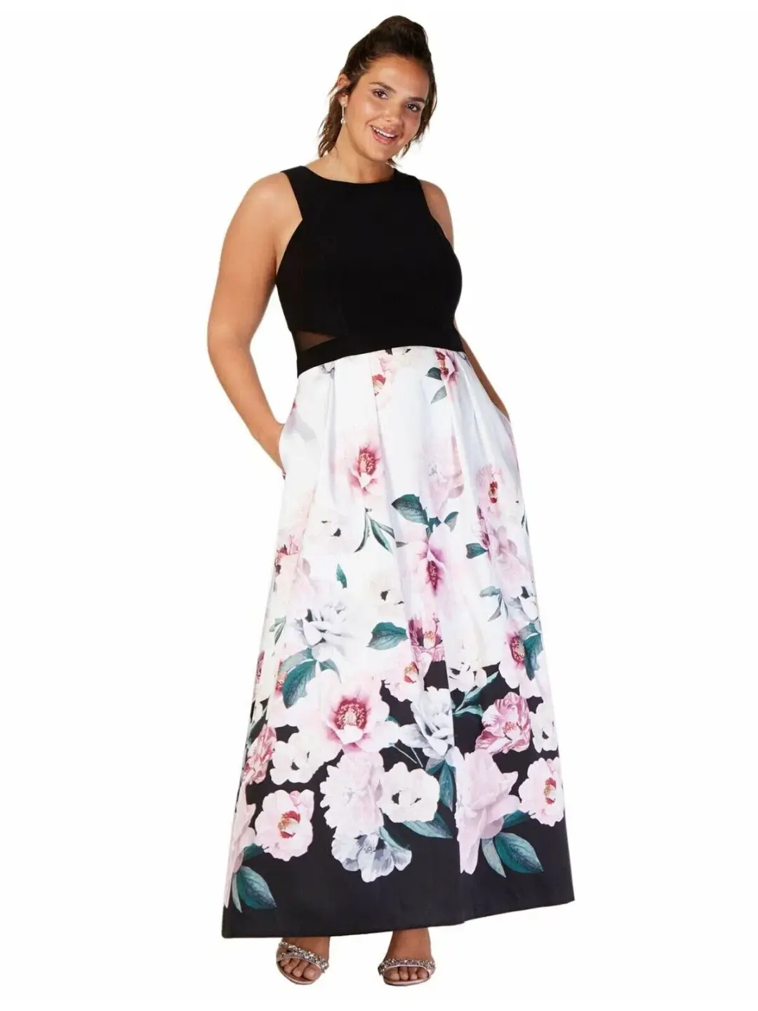 Xscape Evening Gown Black/Pink Floral Size 20 for rent on The Volte - main image