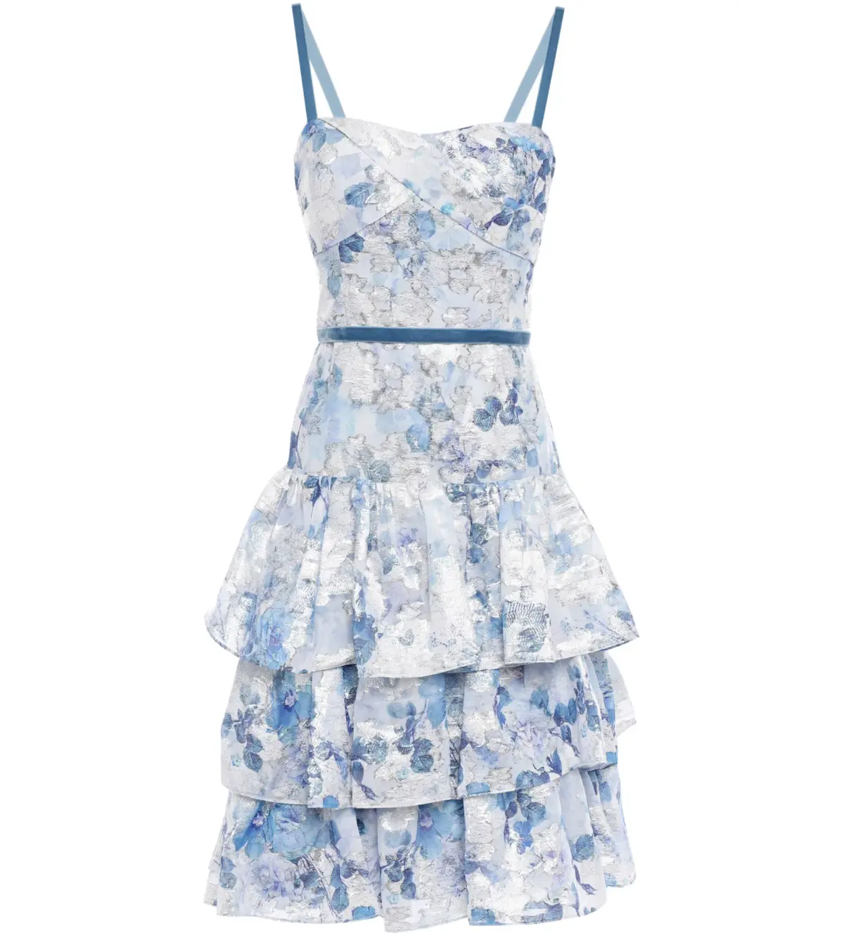 Marchesa Notte Tiered Velvet-Trimmed Fil Coupé Organza Dress in Sky Blue Size 10 - Image 4