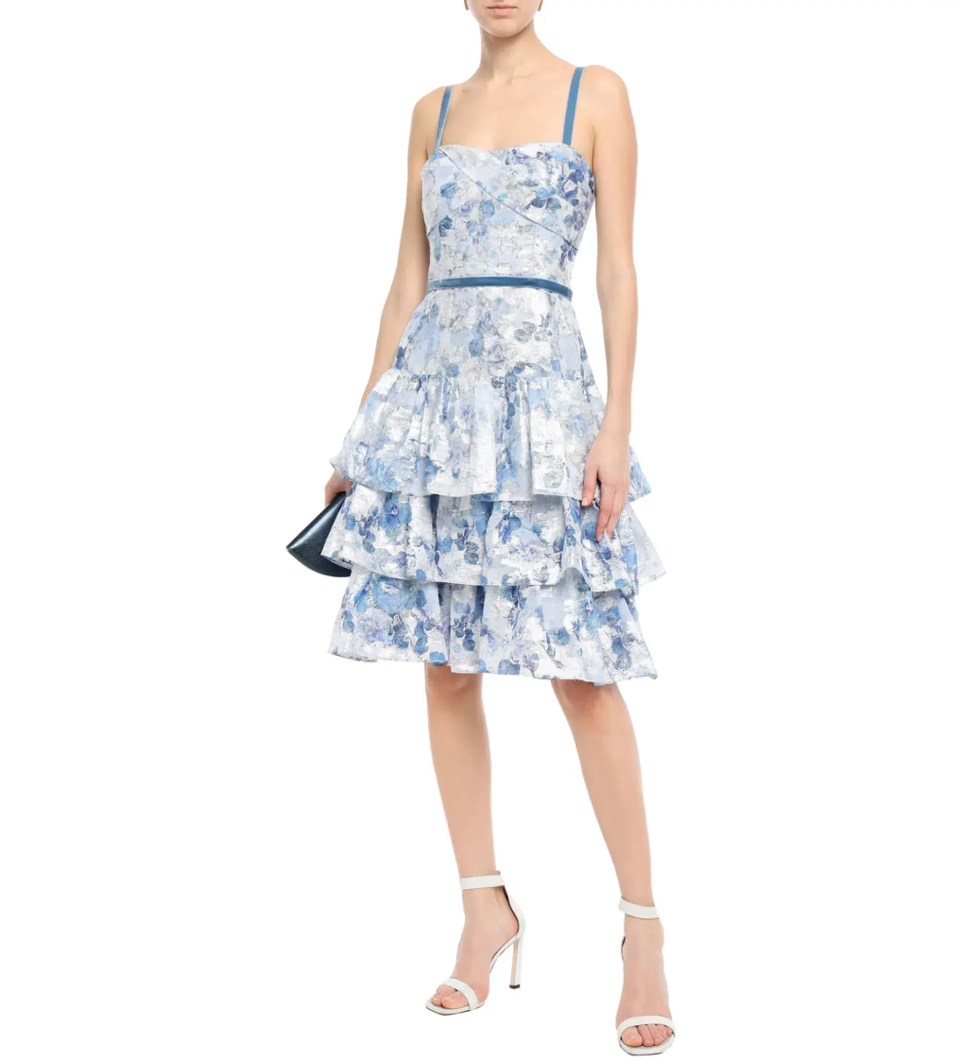 Marchesa Notte Tiered Velvet-Trimmed Fil Coupé Organza Dress in Sky Blue Size 10 - Image 1