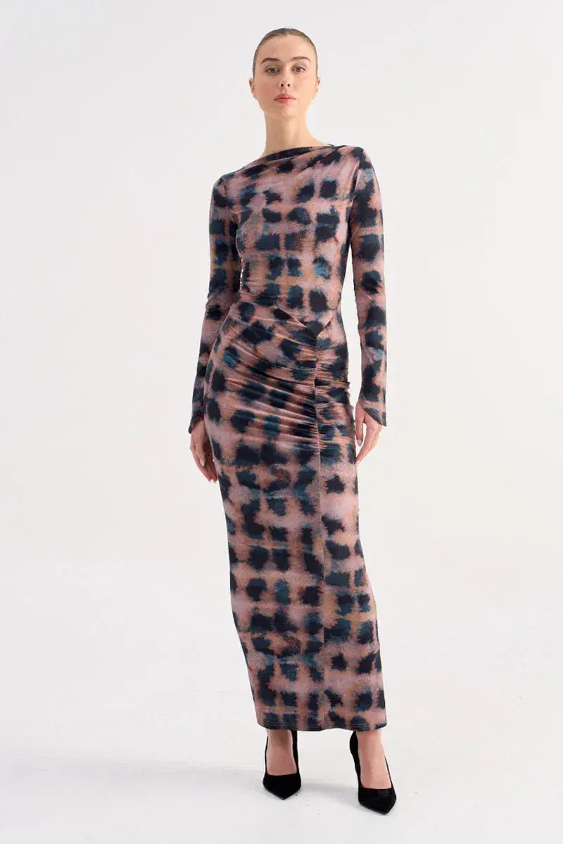 Suboo Shibori Long Sleeve Ruched Maxi Dress Multi Print Tortoiseshell Size 8 - Image 1