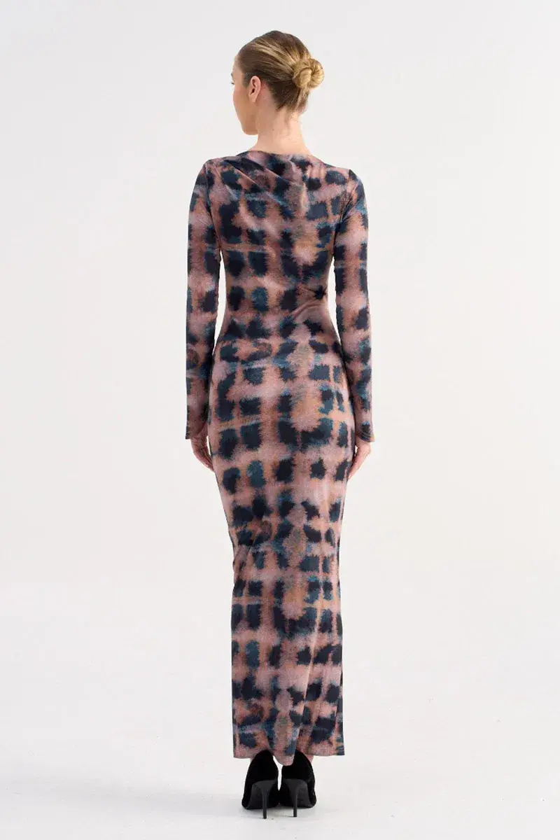 Suboo Shibori Long Sleeve Ruched Maxi Dress Multi Print Tortoiseshell Size 8 - Image 3