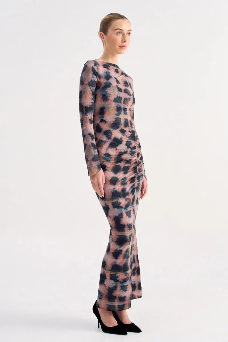 Suboo Shibori Long Sleeve Ruched Maxi Dress Multi Print Tortoiseshell Size 8 - Image 2