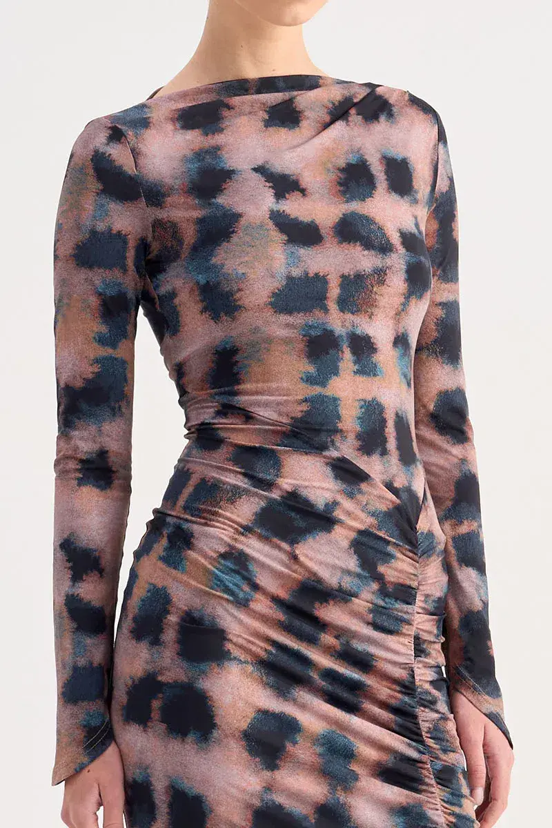 Suboo Shibori Long Sleeve Ruched Maxi Dress Multi Print Tortoiseshell Size 8 - Image 4