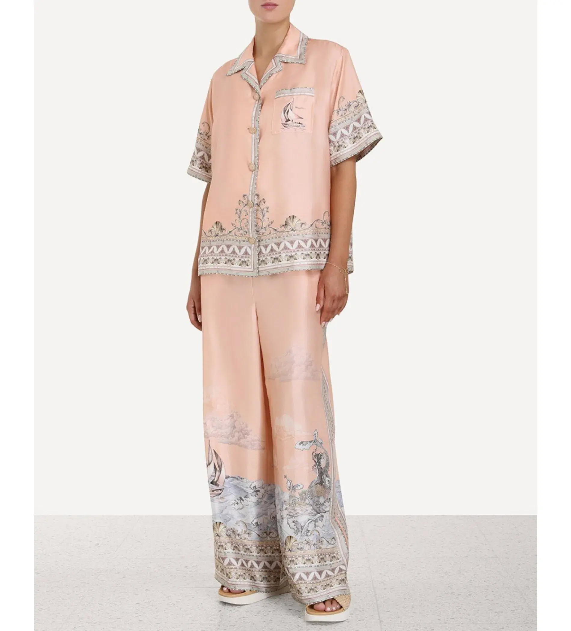 Zimmermann High Tide Oversized Silk Shirt and Trouser Set Pink Print Size 0P/AU 6P - Image 2