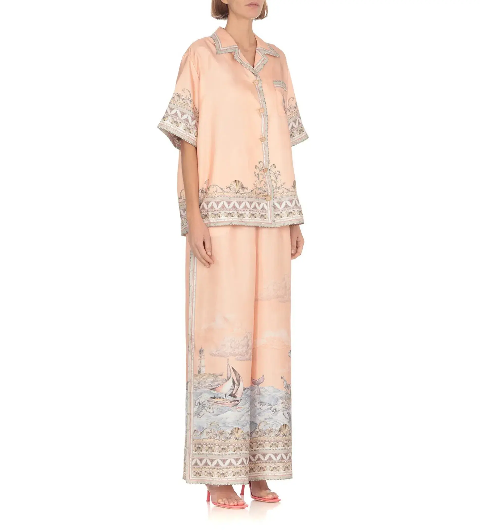 Zimmermann High Tide Oversized Silk Shirt and Trouser Set Pink Print Size 0P/AU 6P - Image 3