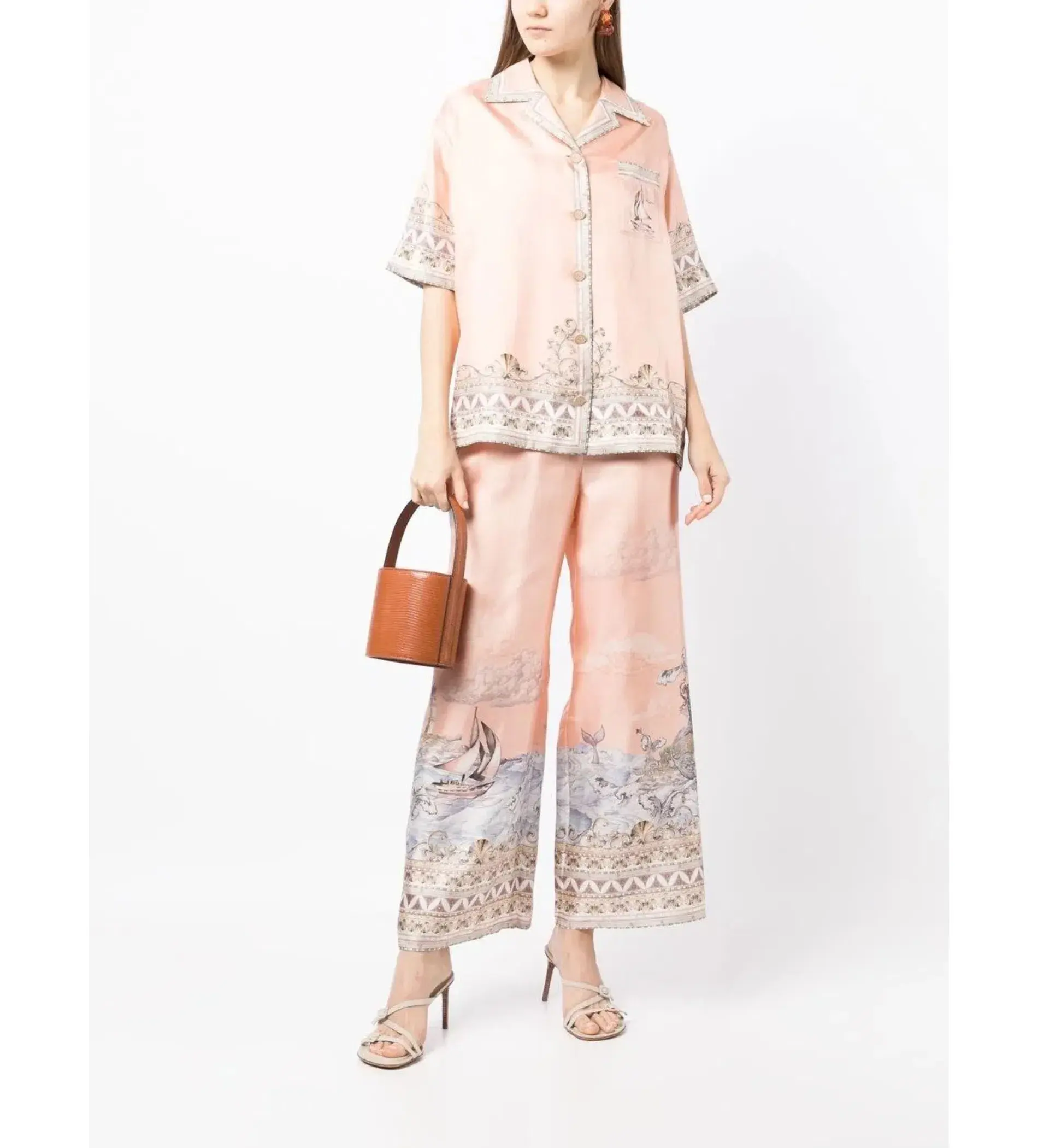 Zimmermann High Tide Oversized Silk Shirt and Trouser Set Pink Print Size 0P/AU 6P - Image 1