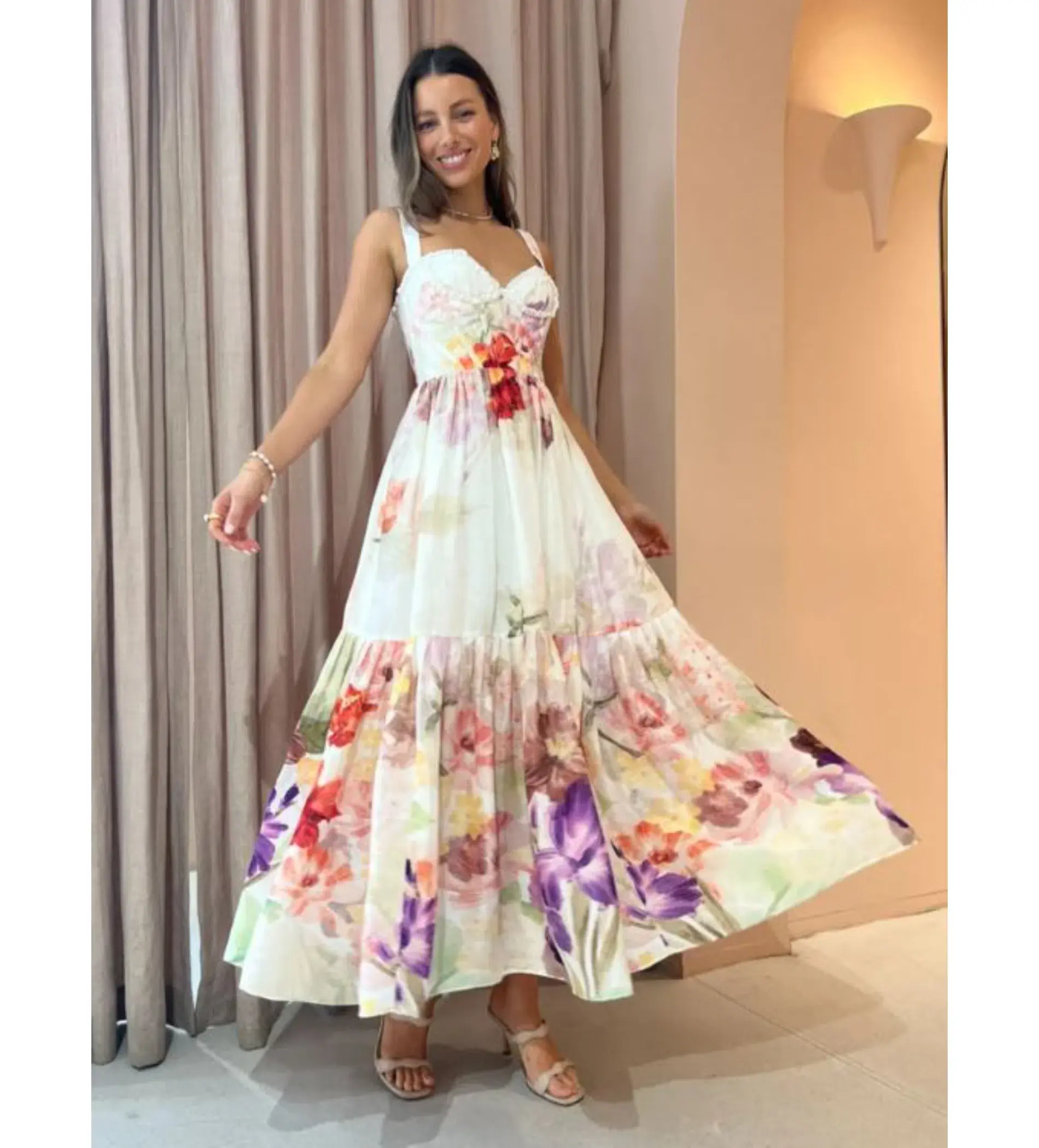 Leo Lin Rose Bustier Midi Dress Cascade Print Size AU 10 - Image 3