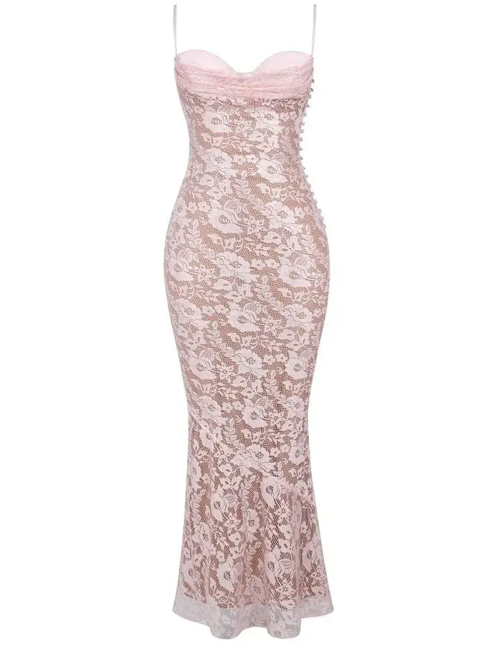 House of CB Azzurra Lace Godet Gown in Pink Size 8 - Image 4