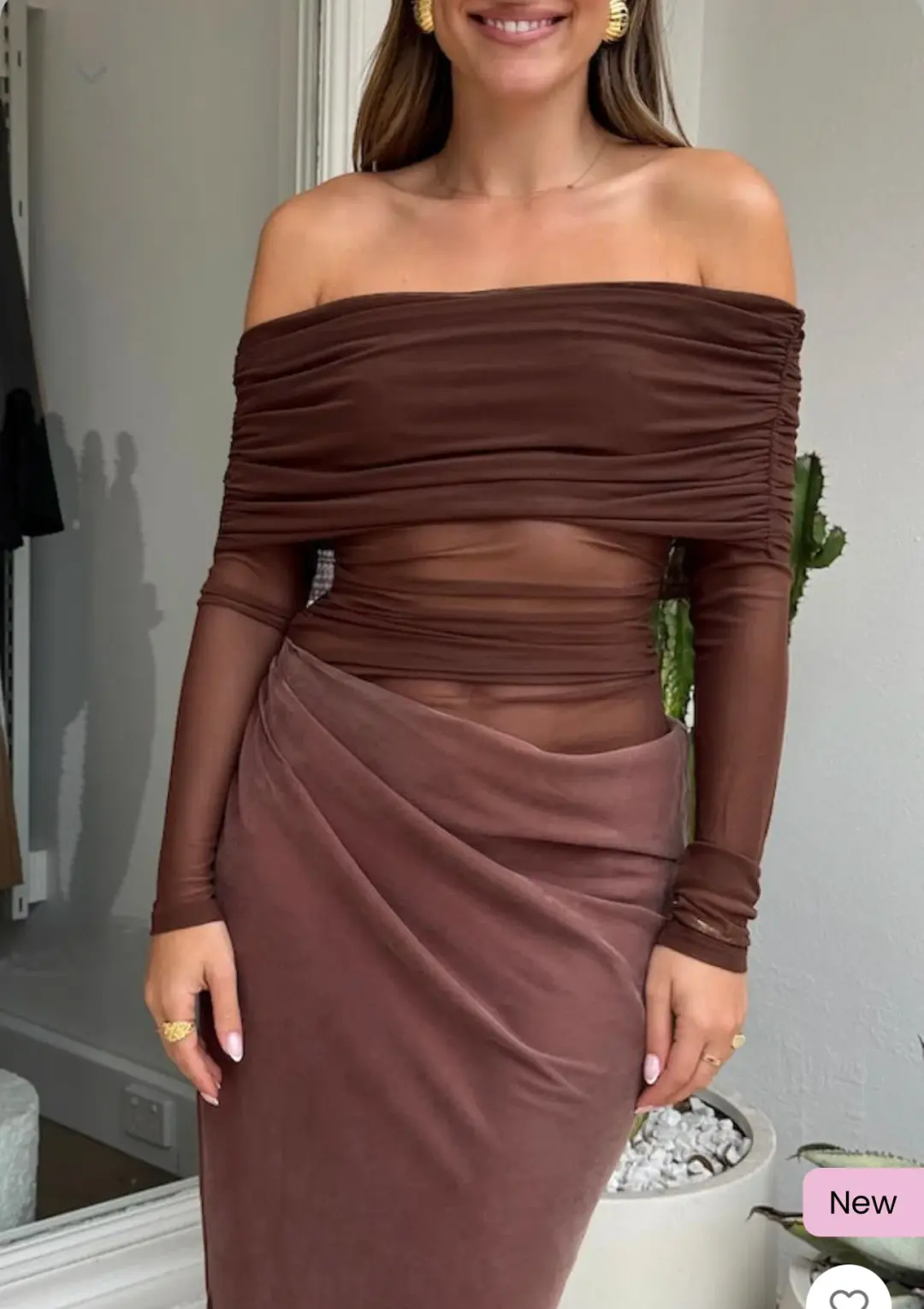 Benni - Yasmin off shoulder Maxi Dress in Chocolate - Size 8 for rent on The Volte - main image