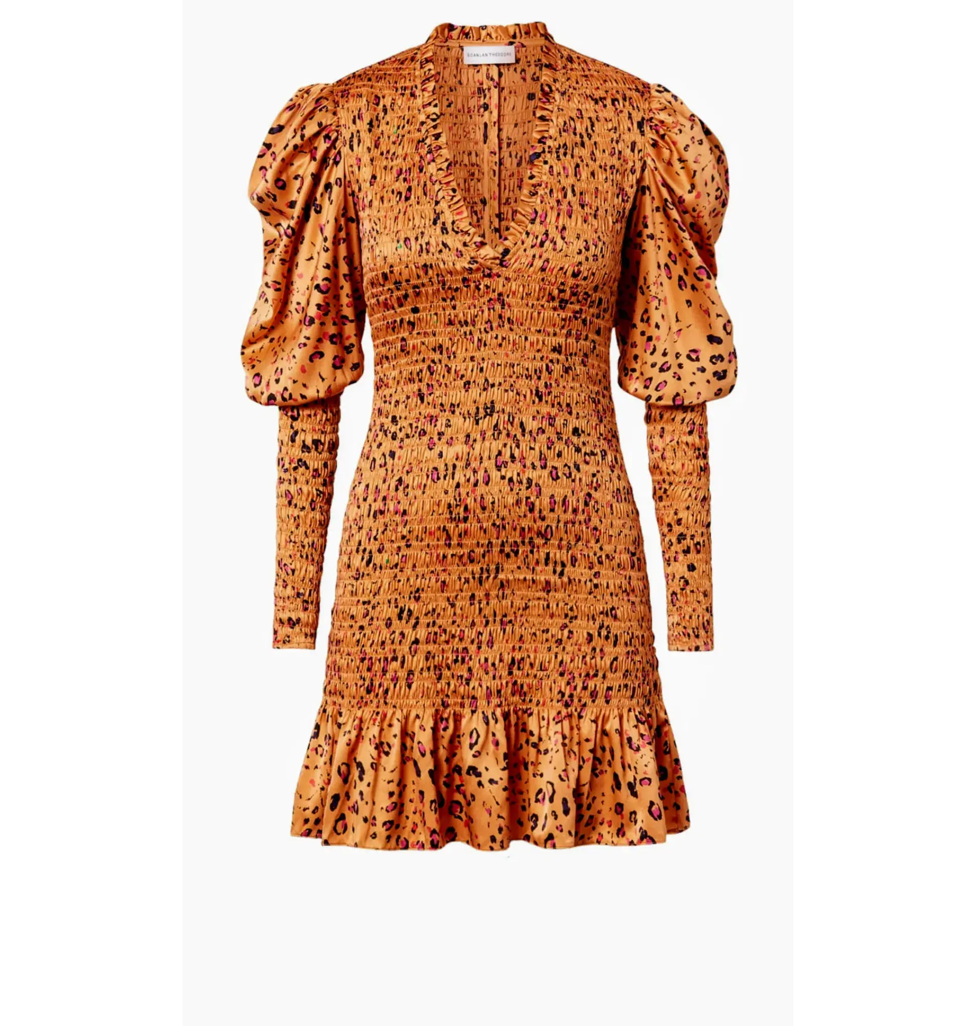 Scanlan Theodore Silk Leopard Shirred Mini Dress Brown Size AU 6 - Image 5