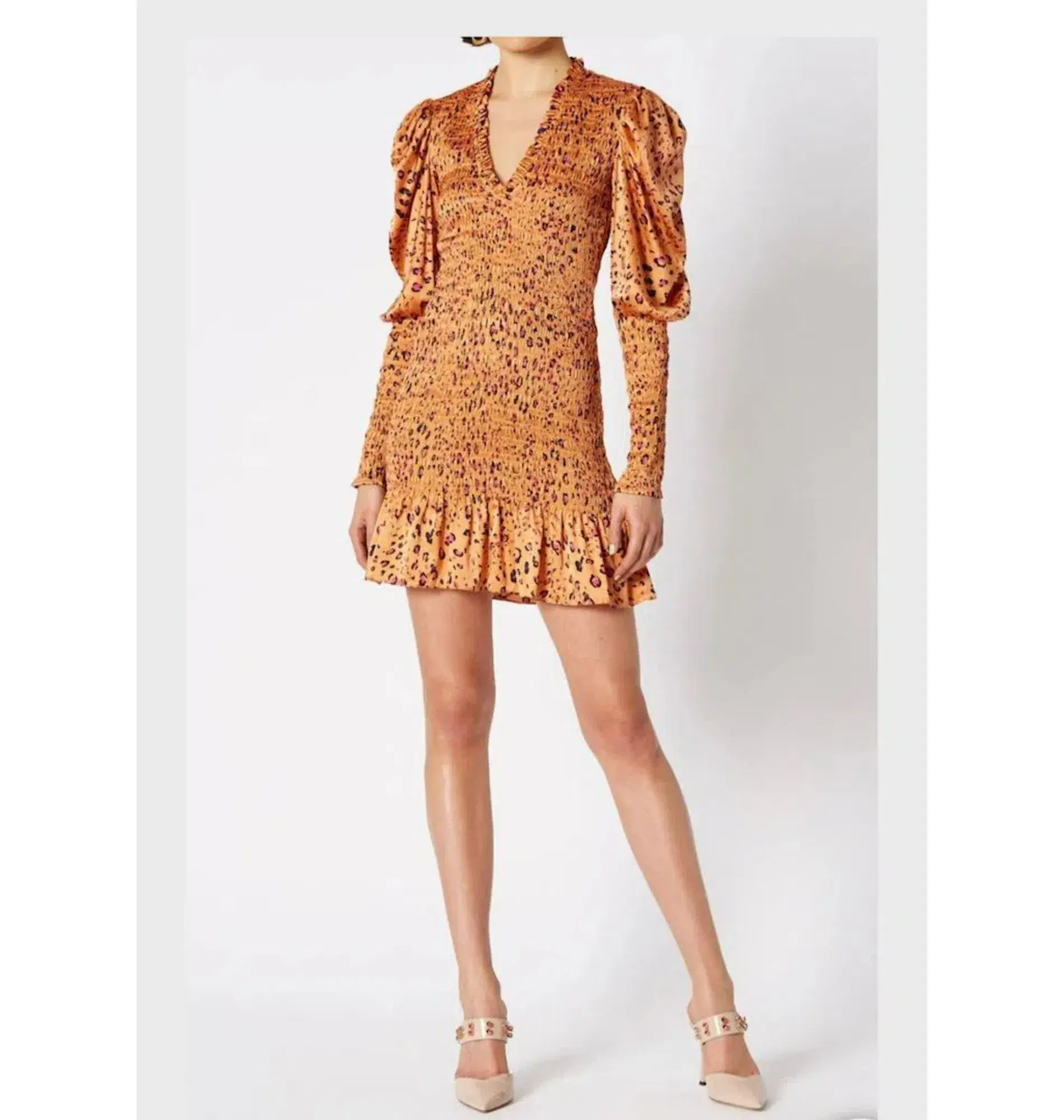 Scanlan Theodore Silk Leopard Shirred Mini Dress Brown Size AU 6 - Image 1