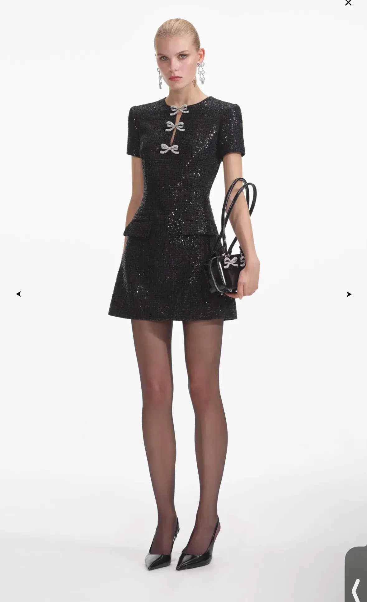 Self portrait BLACK BOUCLE BOW MINI DRESS Size Large - Image 2