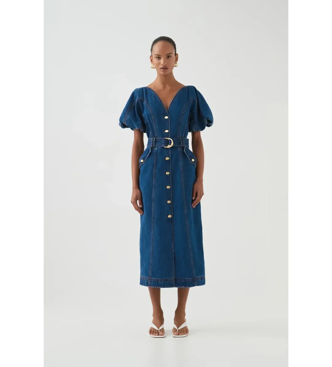 Aje Harper Denim Midi Dress Classic Wash Size AU 8 for rent on The Volte - main image