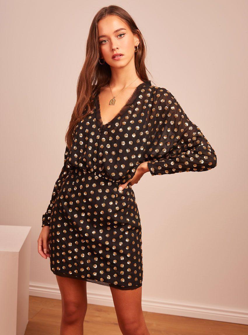 Finders Keepers Moonlight Mini Dress Black/Gold - Size 10 for rent on The Volte - main image