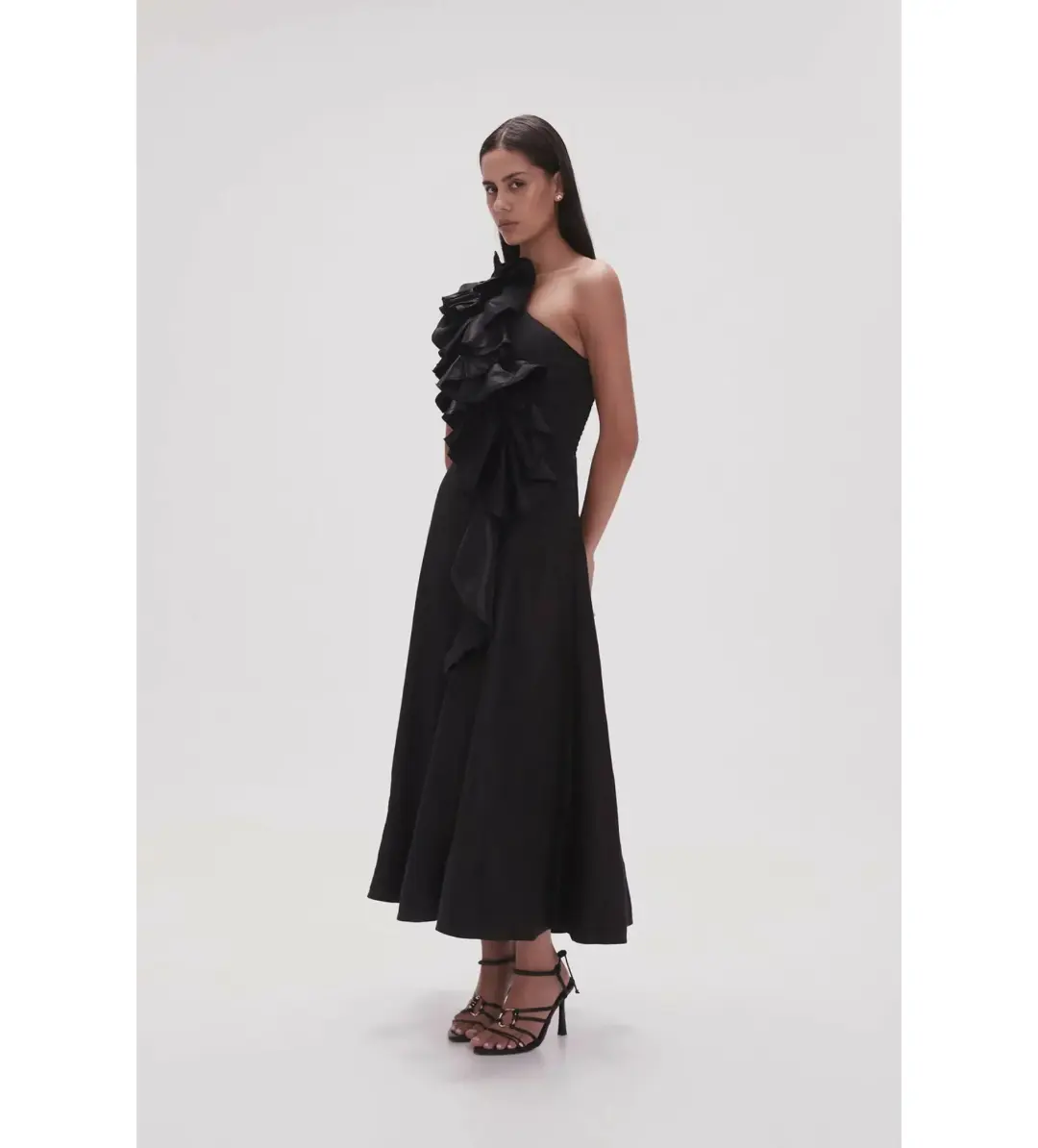 Aje Adelia Ruffle Midi Dress Black Size S/AU 8 for rent on The Volte - main image