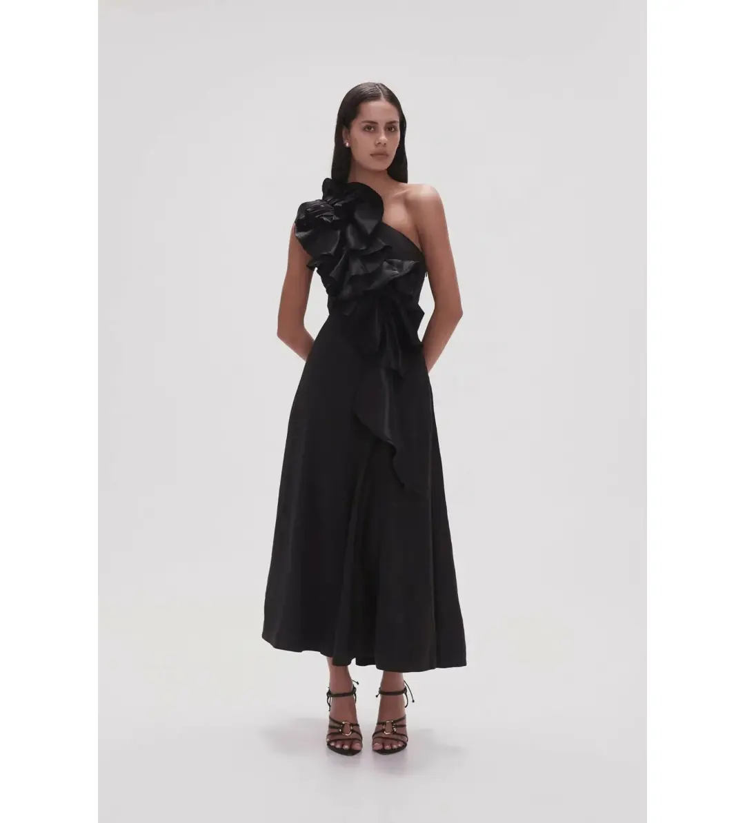 Aje Adelia Ruffle Midi Dress Black Size S/AU 8 for rent on The Volte - main image