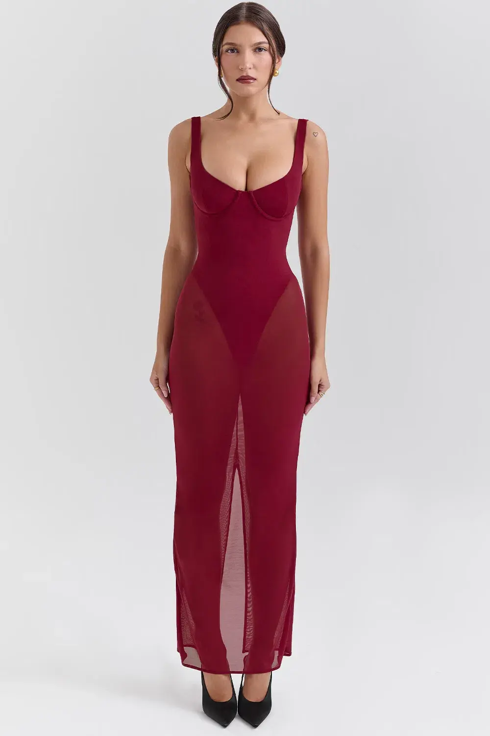 House of CB ROBINA Wine Stretch Mesh Maxi Dress in Burgundy  size AU 6 - Image 1