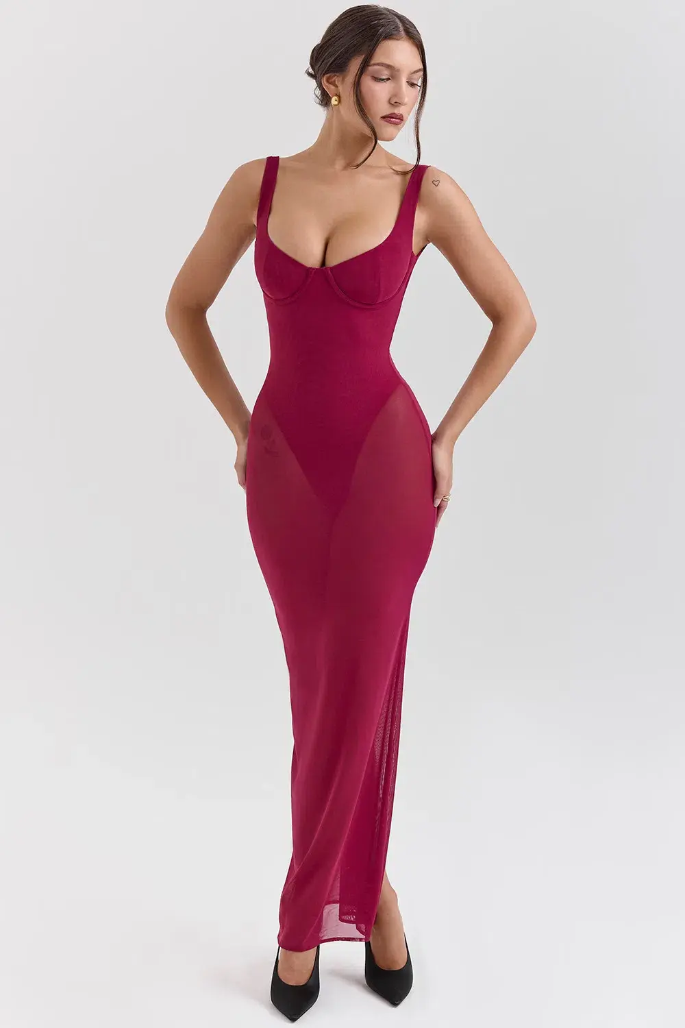 House of CB ROBINA Wine Stretch Mesh Maxi Dress in Burgundy  size AU 6 - Image 2