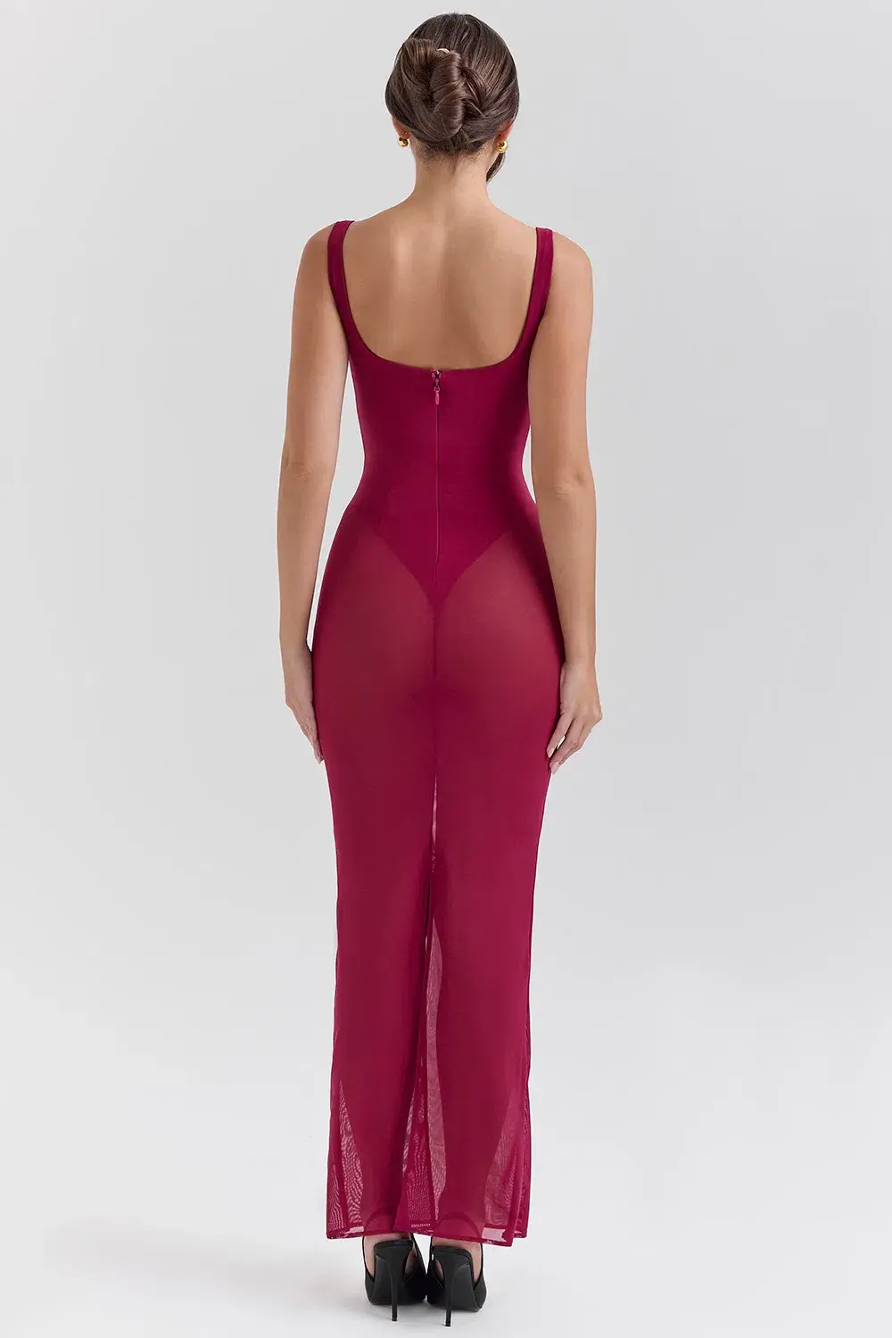 House of CB ROBINA Wine Stretch Mesh Maxi Dress in Burgundy  size AU 6 - Image 5