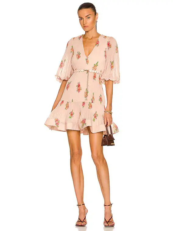 Zimmermann Pleated Mini Dress Blush Floral Size 1 for rent on The Volte - main image