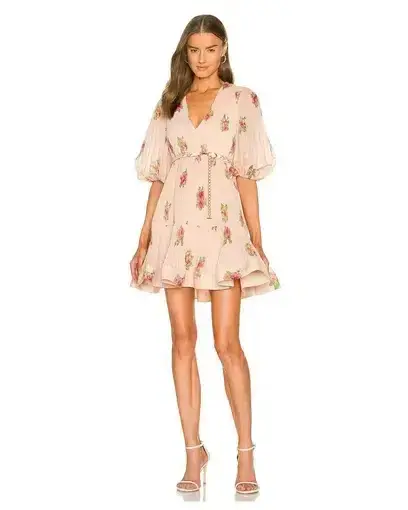 Zimmermann Pleated Mini Dress Blush Floral Size 1 for rent on The Volte - main image