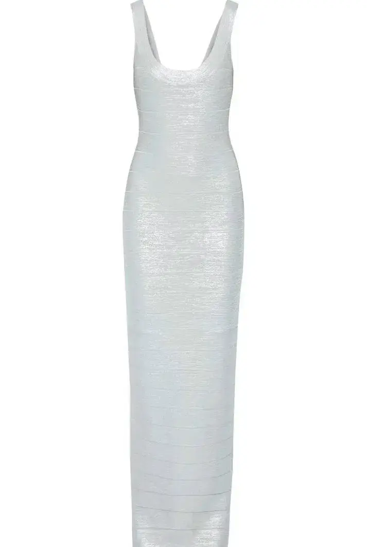Herve Leger Silver Round Neck Gown Maxi Size AU 12 - Image 4