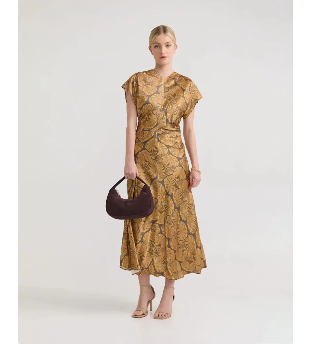 Oxford Fleur Printed Twill Midi Dress Chocolate/Gold Size AU 14 for rent on The Volte - main image