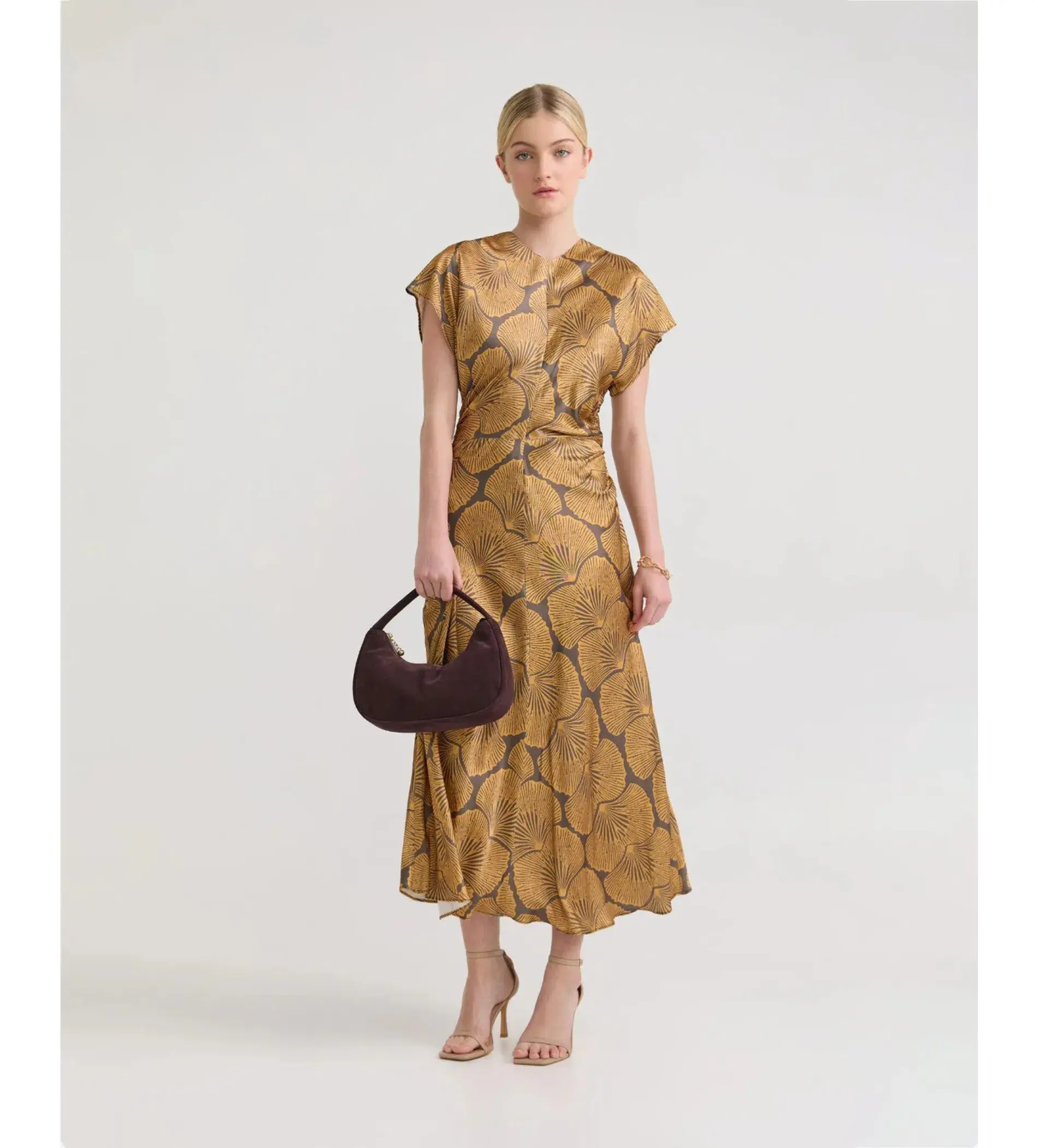 Oxford Fleur Printed Twill Midi Dress Chocolate/Gold Size AU 14 - Image 1
