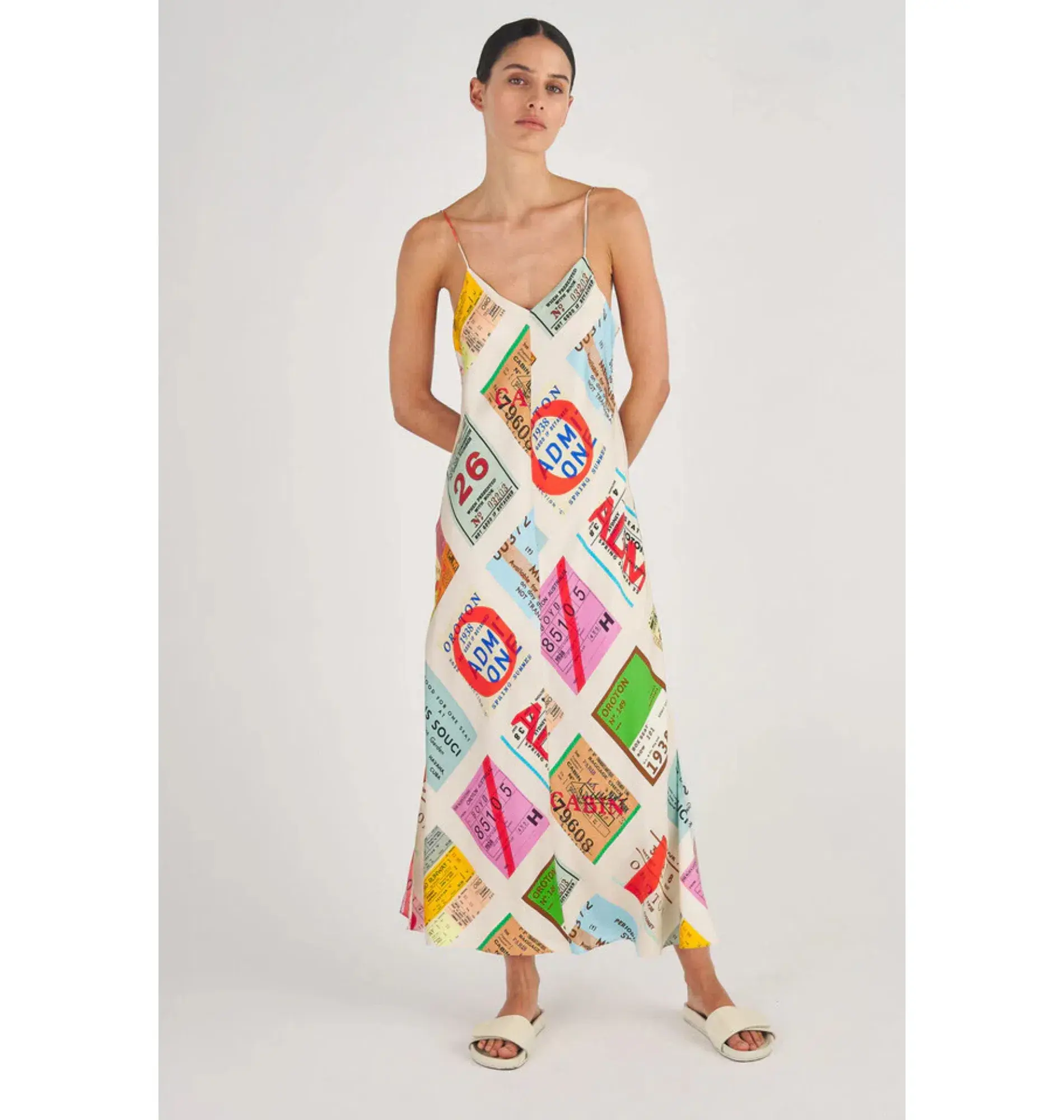 Oroton Ticket Print Slip Maxi Dress  Multi Size AU 14  - Image 3