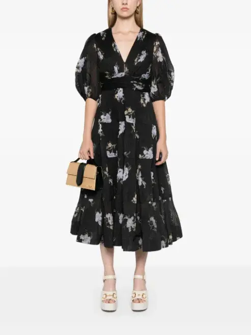 Zimmerman Pleated Midi Dress Floral in Black Size 6 - Image 1