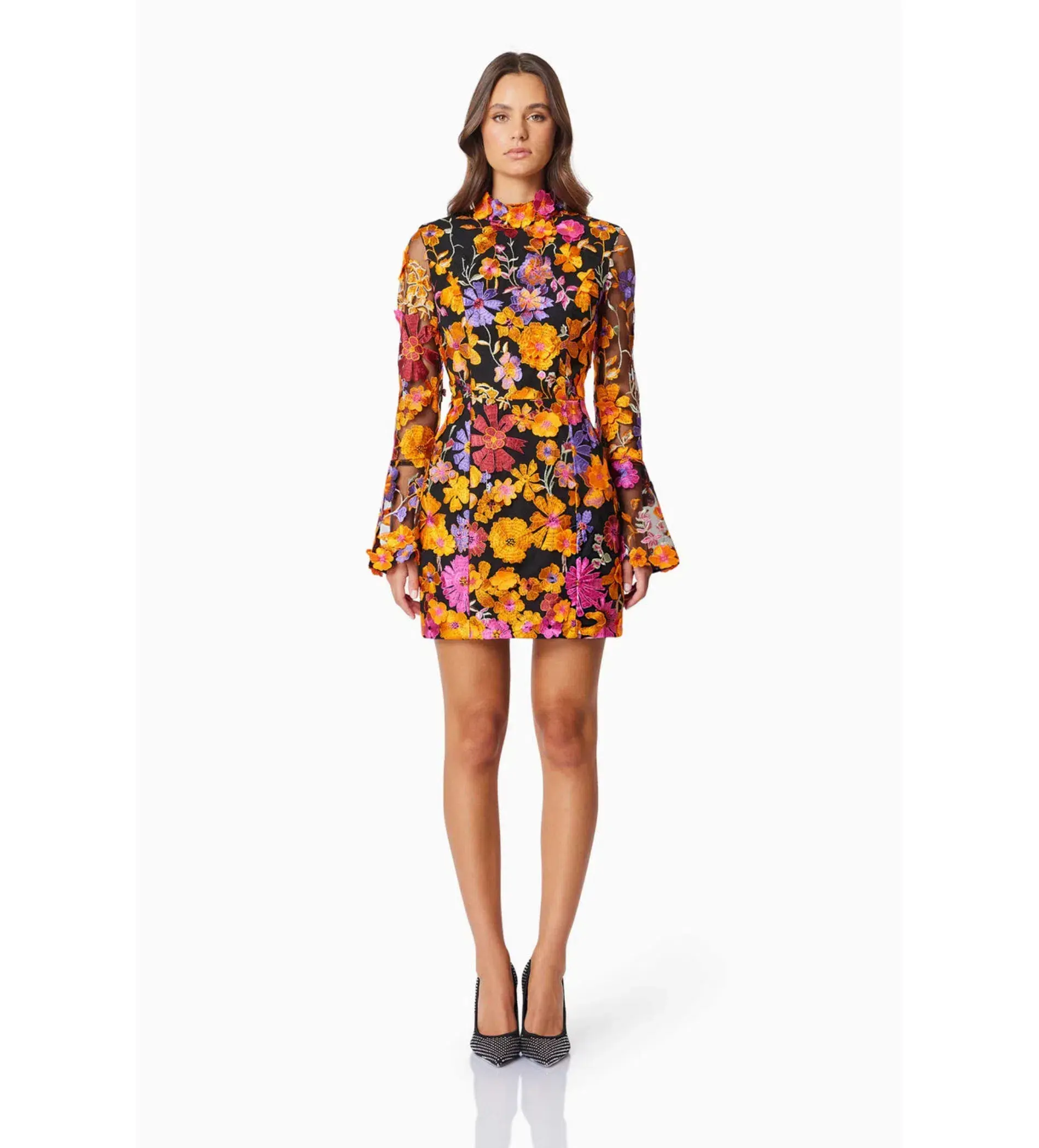 Elliatt Alessandra Floral Long Sleeve Mini Dress In Orange Size 12 - Image 1
