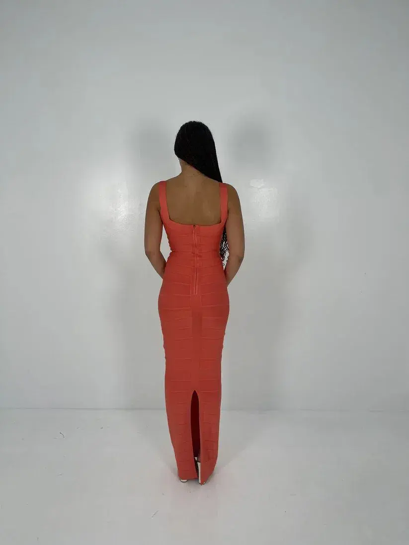 Hervé Léger Round Neck Gown in Coral Size XXS/AU4 - Image 3