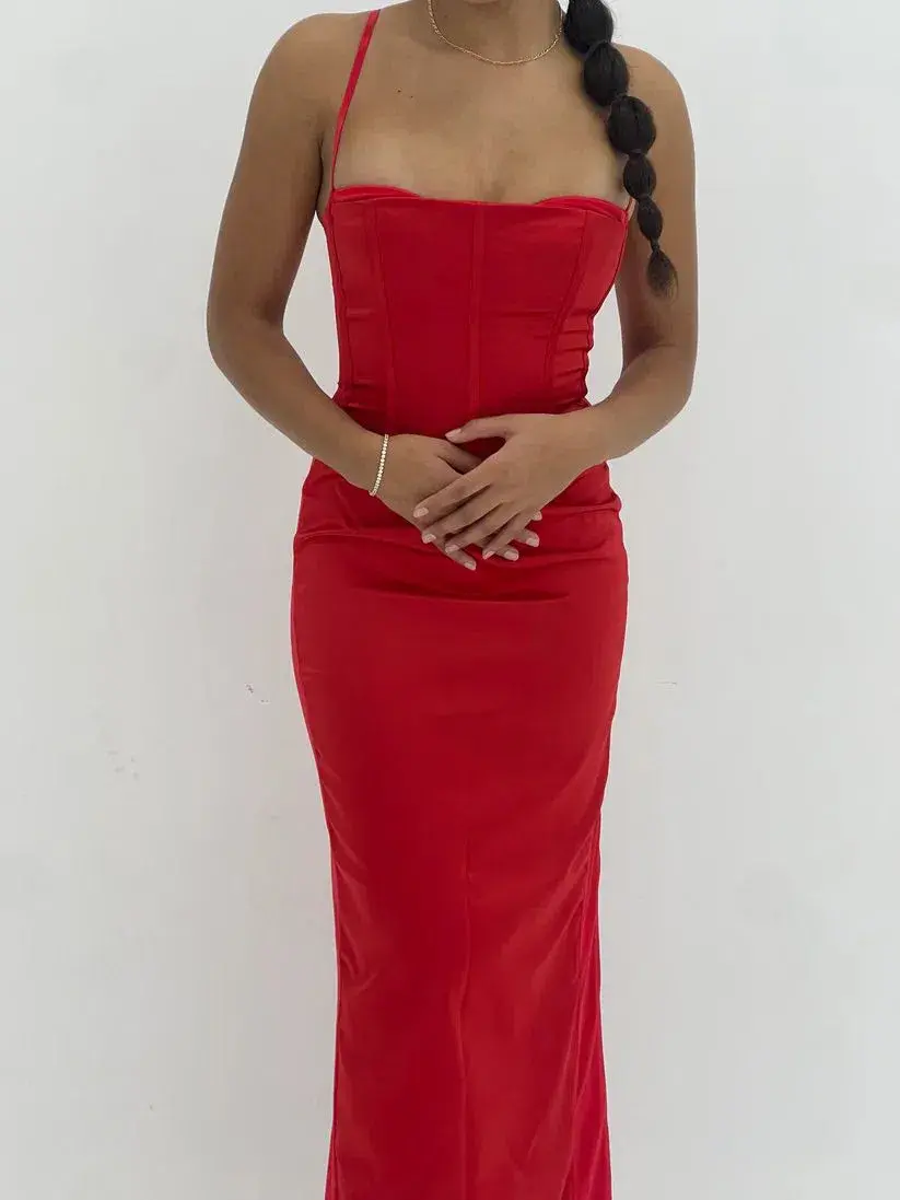 House of CB Shani Satin Corset Maxi Dress in Red Size S/AU8 - Image 2