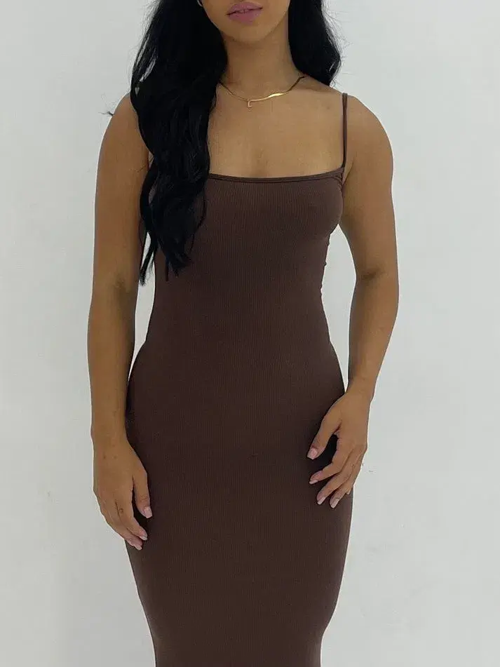 Skims Soft Lounge Long Slip Dress Maxi Brown Size 10/S for rent on The Volte - main image