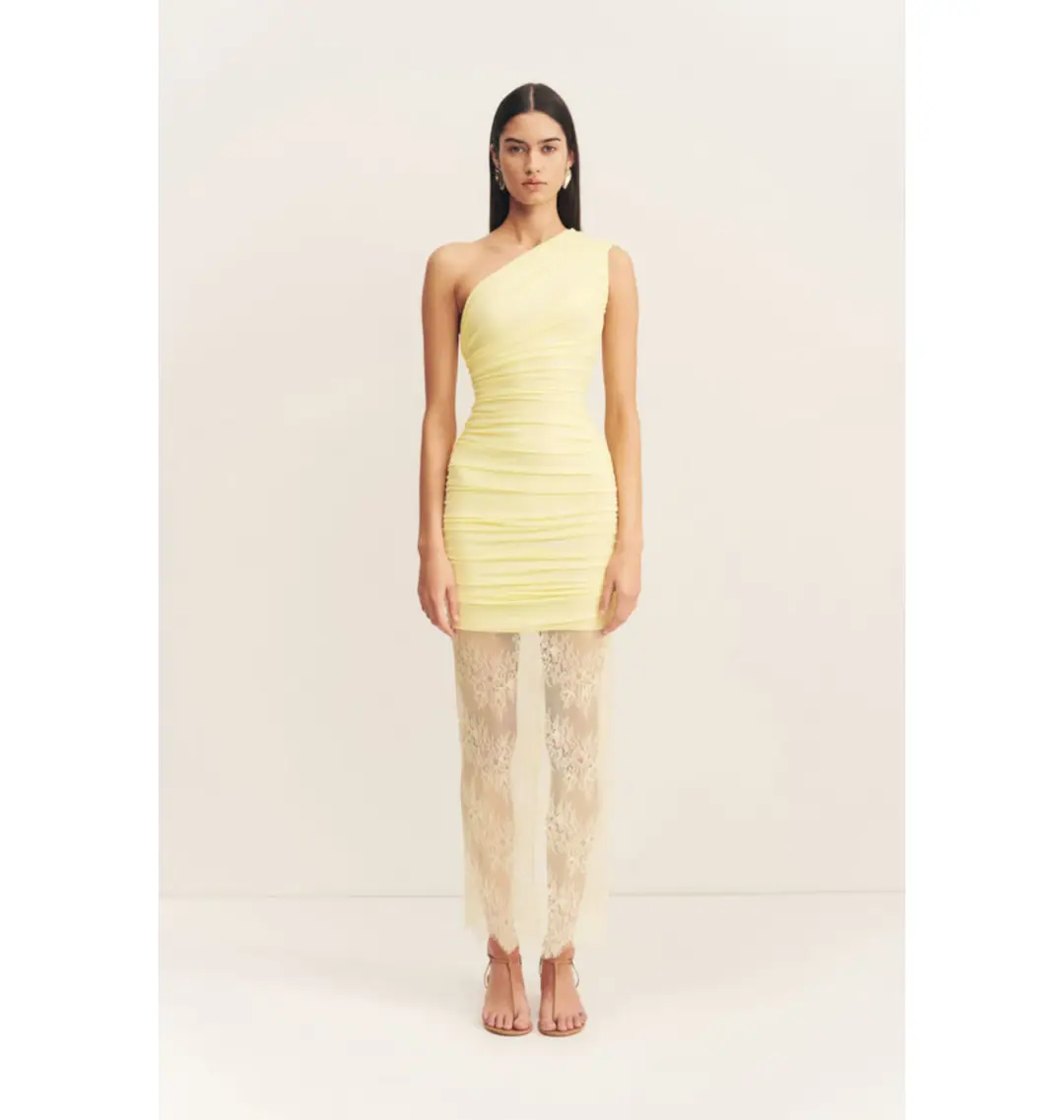 Shona Joy Martine Lace Gathered Dress Sherbet Yellow Size AU 8  for rent on The Volte - main image