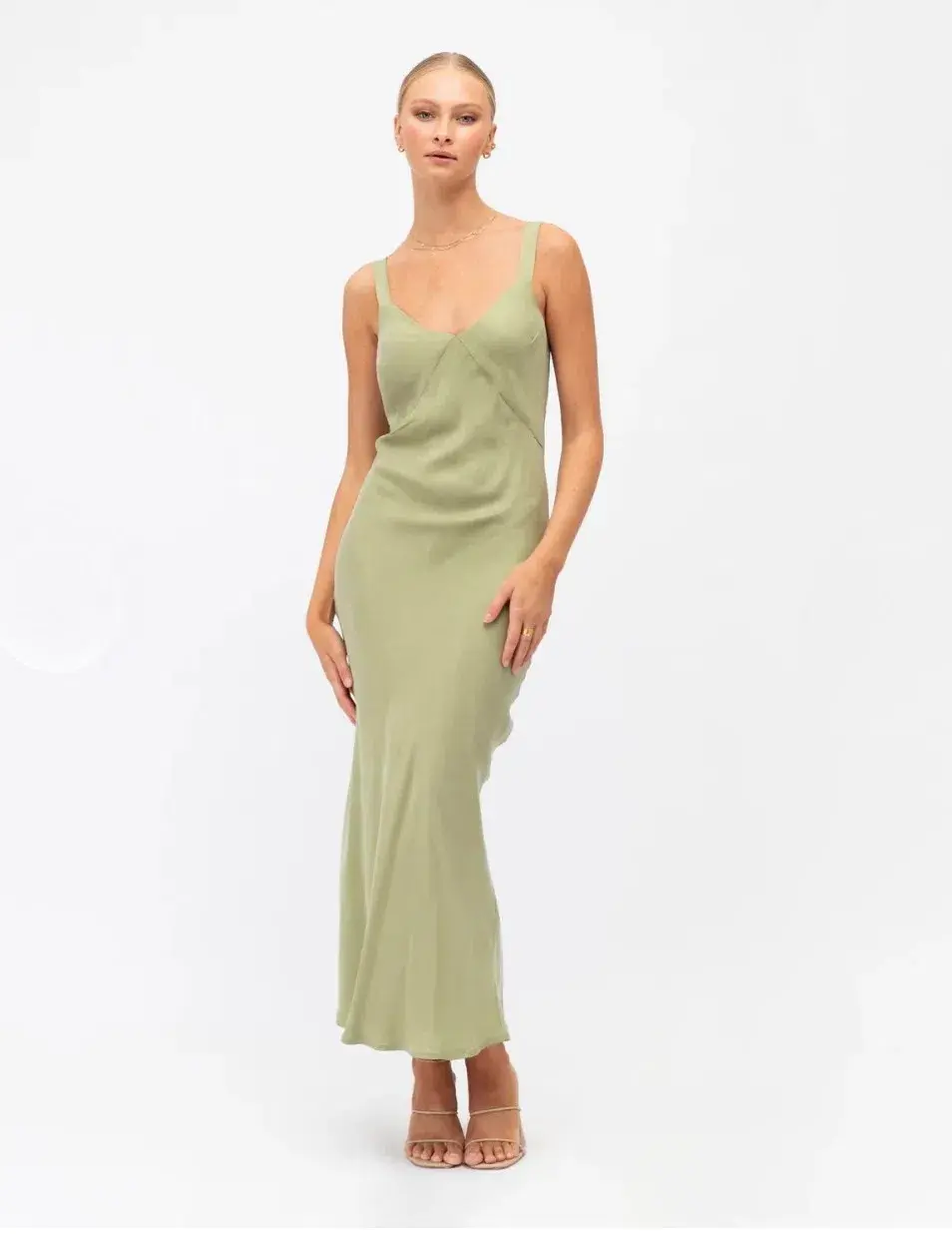White Closet Sage Cupro Maxi Dress in Green Size 10 for rent on The Volte - main image