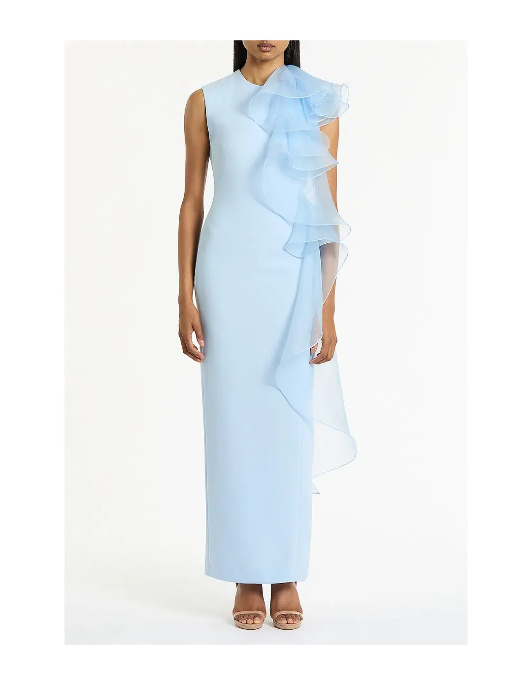 Carla Zampatti Crepe Ruffle Shoulder Gown Pale Blue Size AU 6 for rent on The Volte - main image