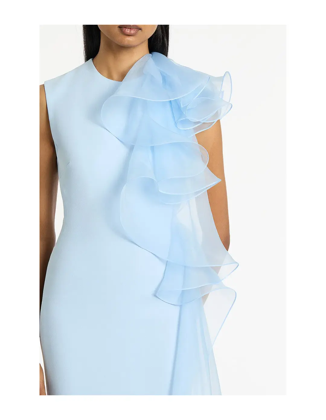 Carla Zampatti Crepe Ruffle Shoulder Gown Pale Blue Size AU 6 for rent on The Volte - main image