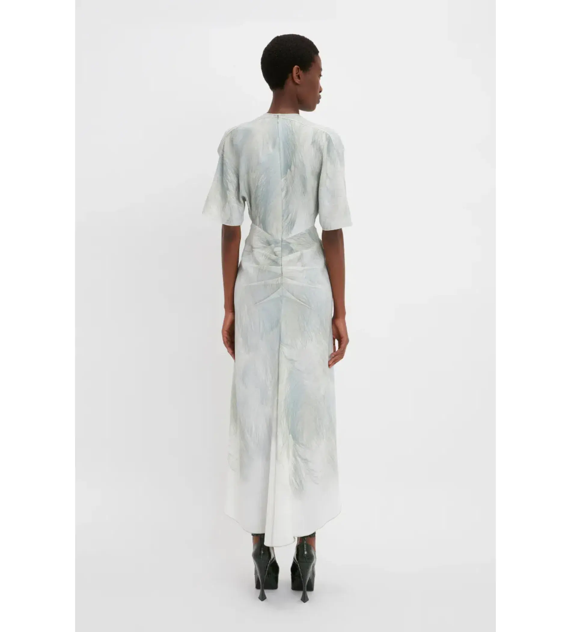 Victoria Beckham Drape Sleeve Midi Dress In White Digital Feather Print Size AU 8 - Image 4