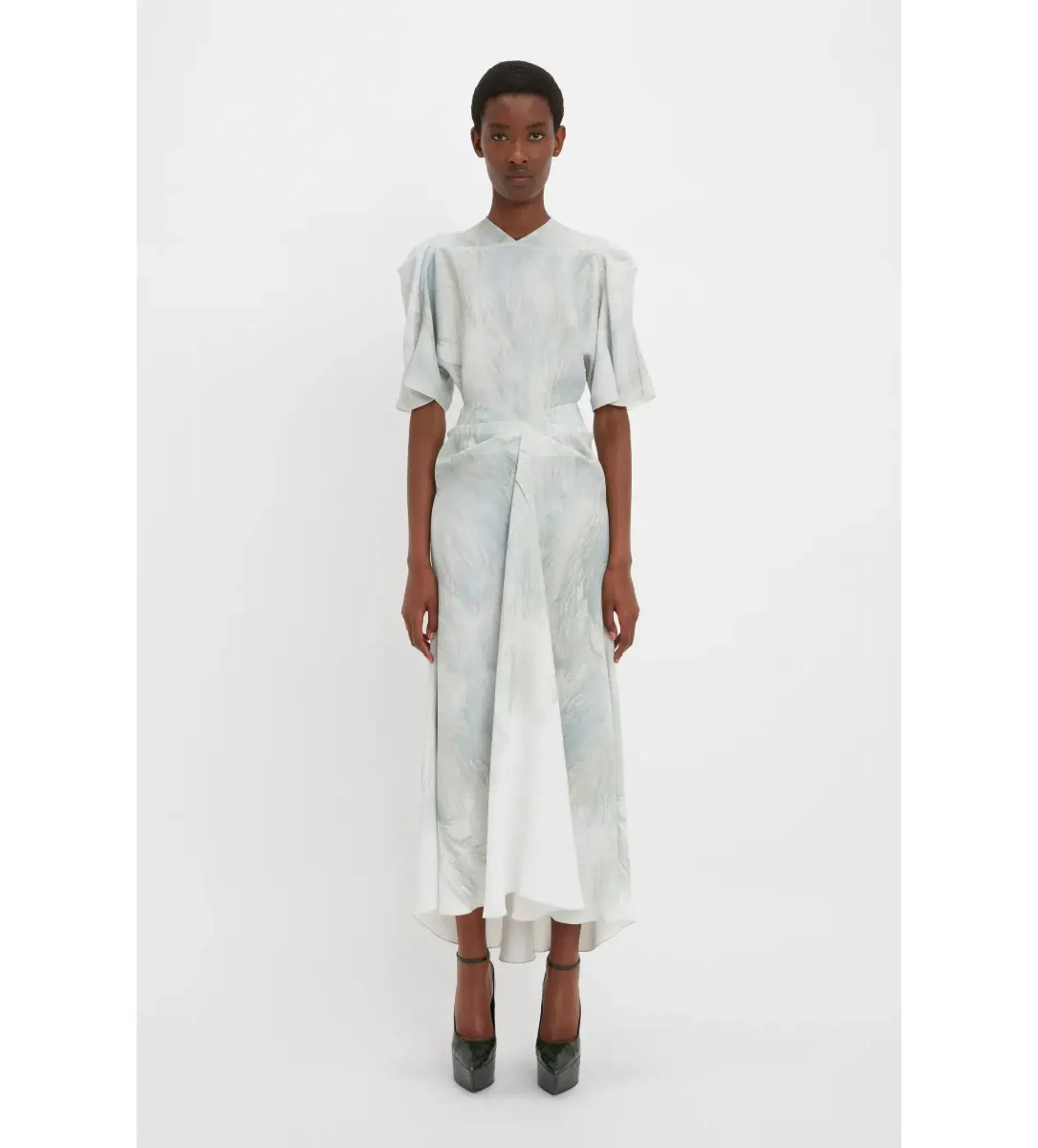 Victoria Beckham Drape Sleeve Midi Dress In White Digital Feather Print Size AU 8 - Image 1