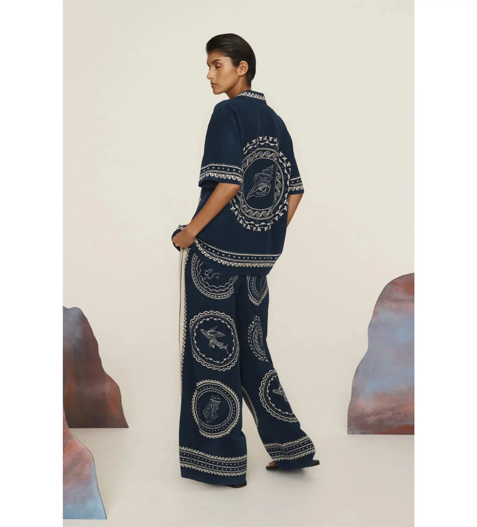 Alemais Oceane Silk Shirt and Pant Set Navy Print Size AU 8 - Image 5