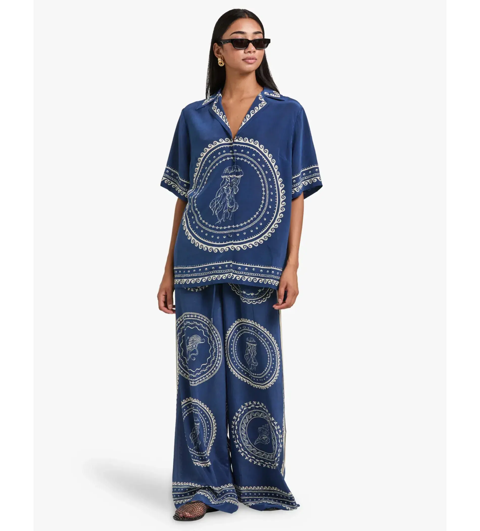 Alemais Oceane Silk Shirt and Pant Set Navy Print Size AU 8 - Image 2