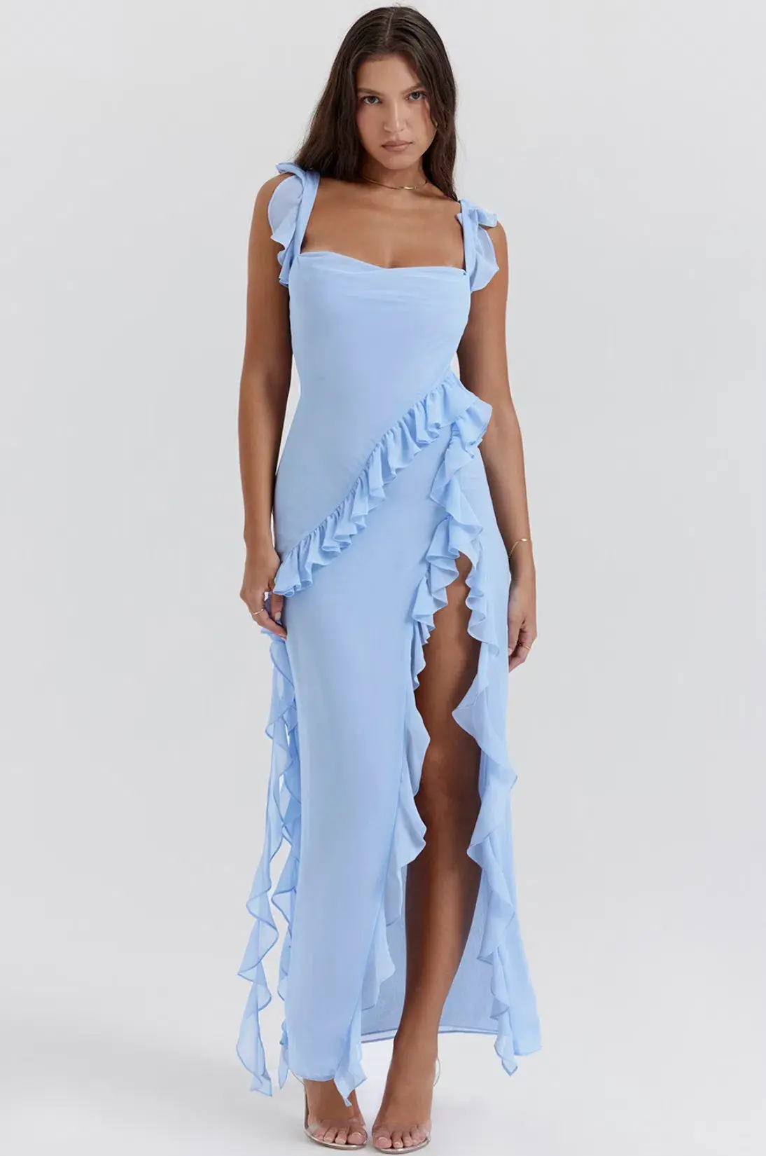 House of CB Ariela Soft Blue Ruffle Maxi Dress Blue Size L / Size AU 12 - Image 1