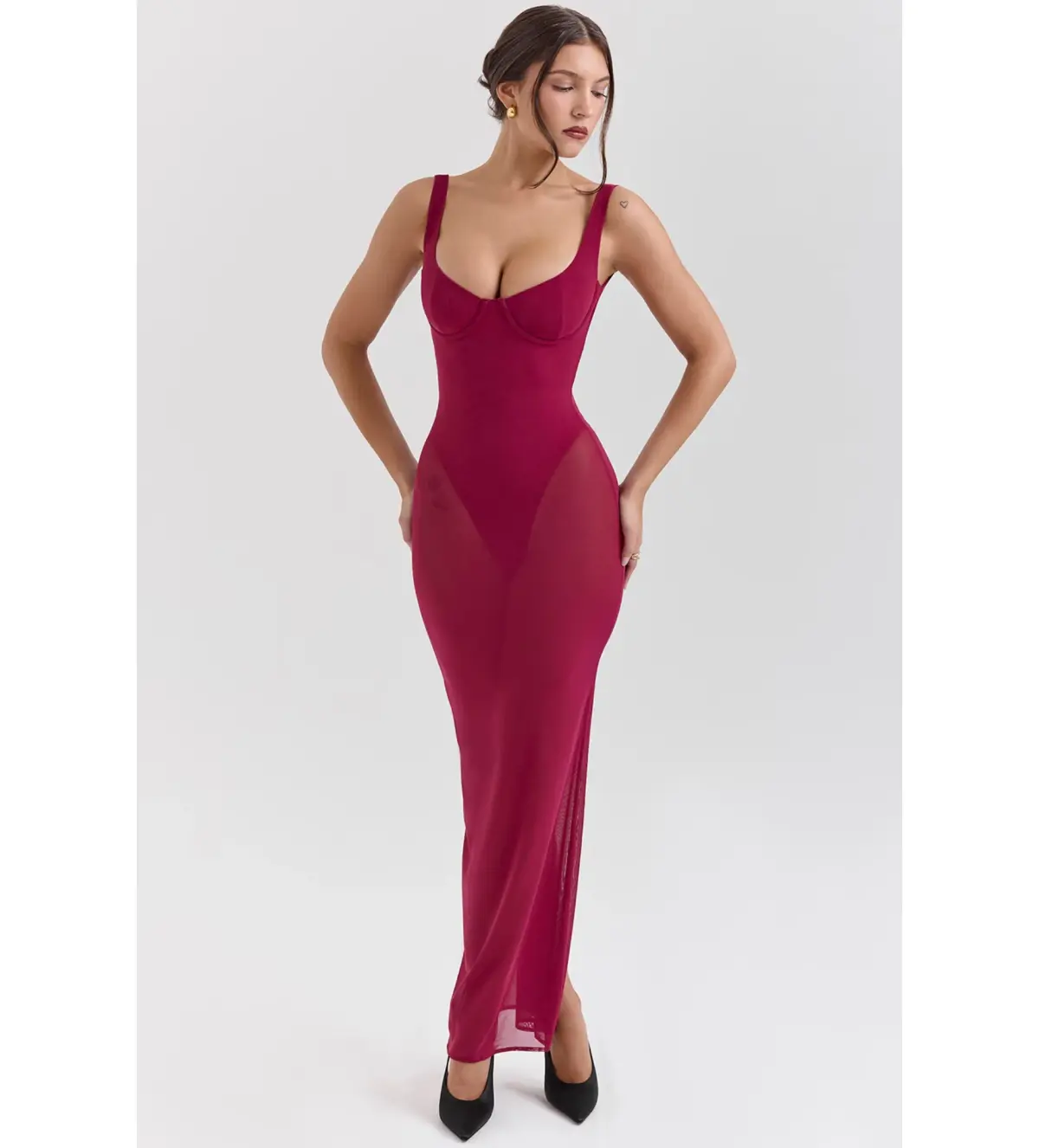 House of CB Robina Wine Stretch Mesh Maxi Dress Size 6/XS - Image 2