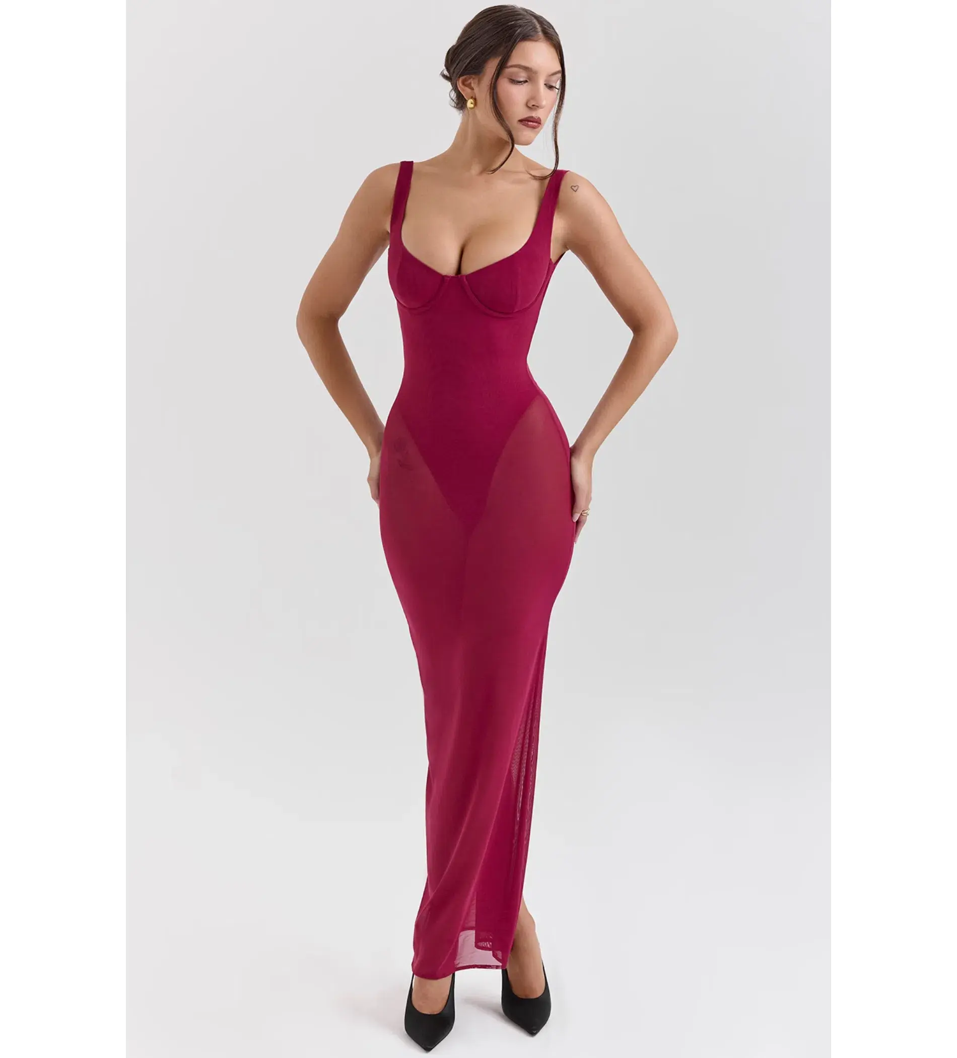 House of CB Robina Wine Stretch Mesh Maxi Dress Size 6/XS - Image 2