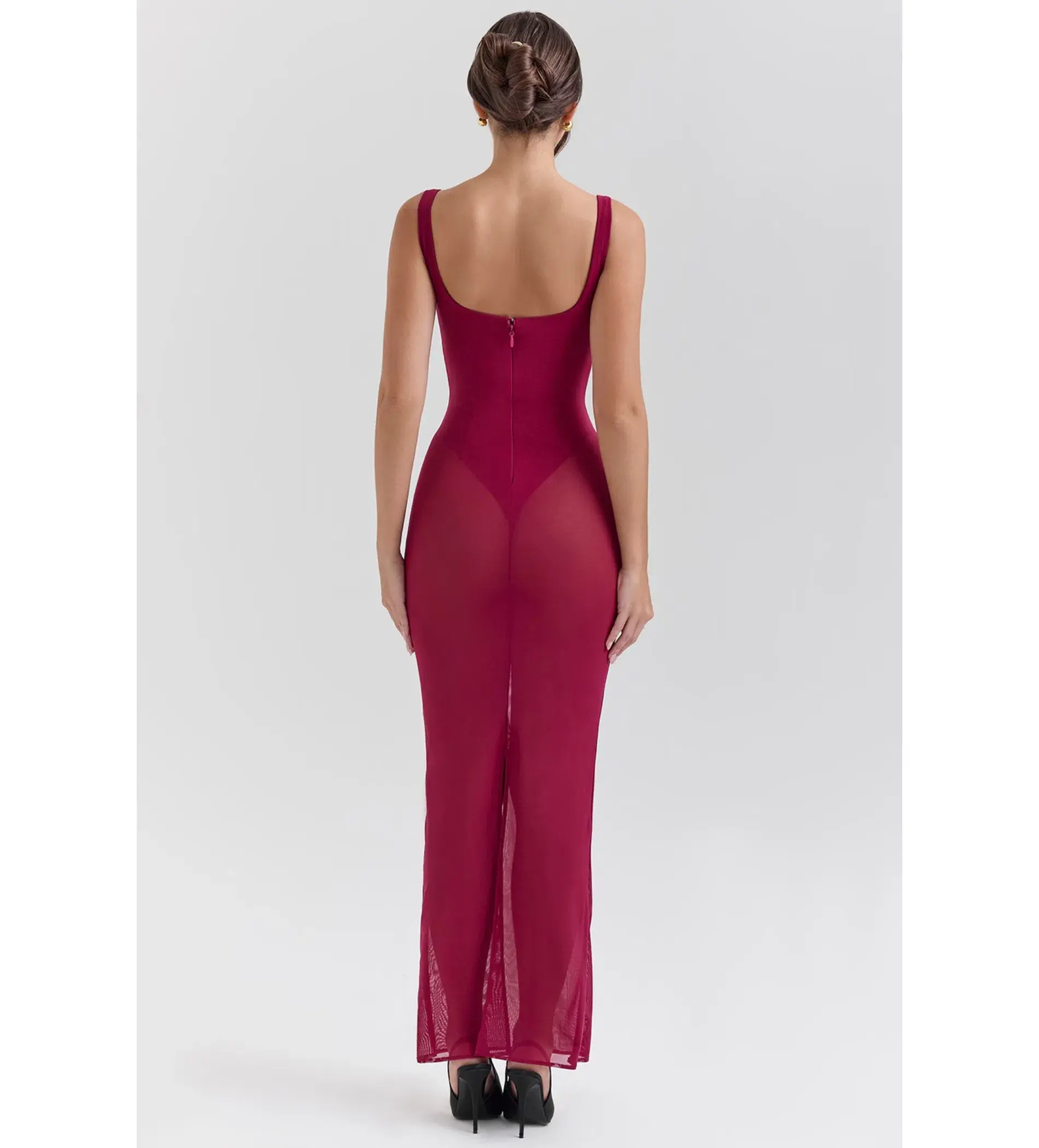 House of CB Robina Wine Stretch Mesh Maxi Dress Size 6/XS - Image 4