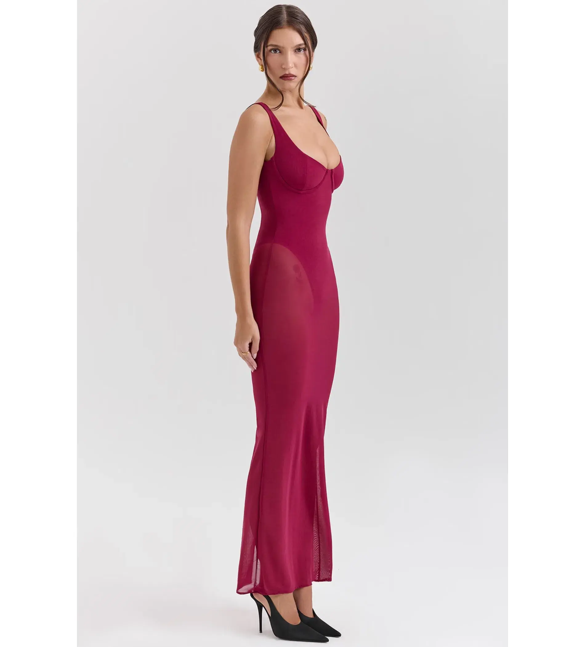 House of CB Robina Wine Stretch Mesh Maxi Dress Size 6/XS - Image 3