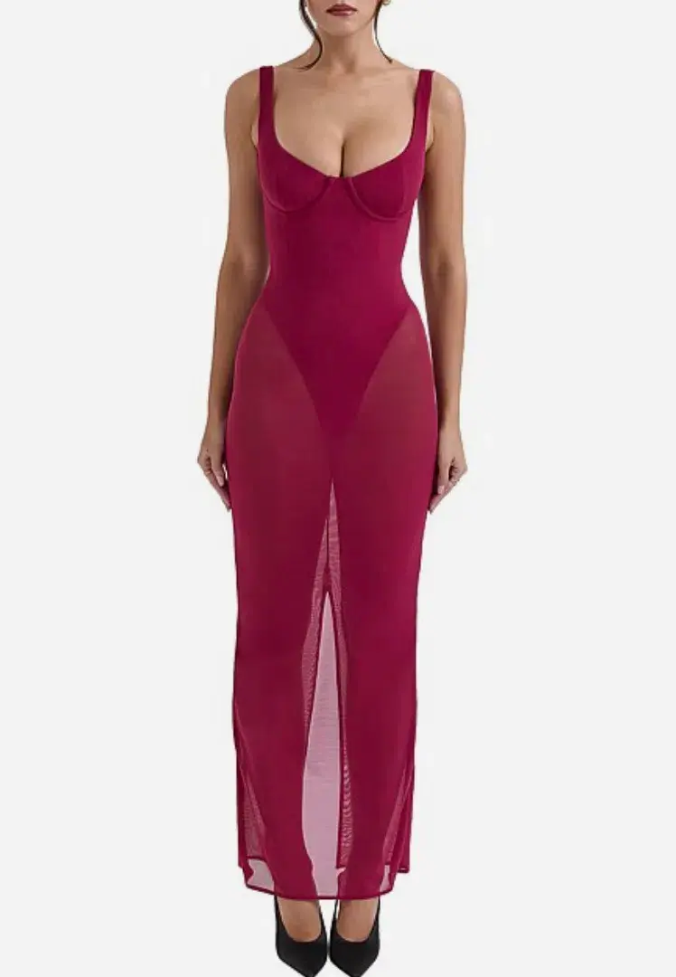 House of CB Robina Wine Stretch Mesh Maxi Dress Regular Cup Size 8/S - Image 1