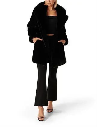 Forever New Iggy Belted Longline Fur Coat Black