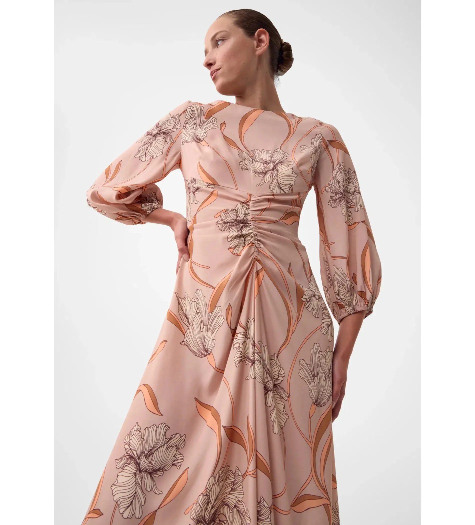 Morrison Martinique Rouched Midi Dress Blush Floral Print Size 4/AU 14 - Image 4